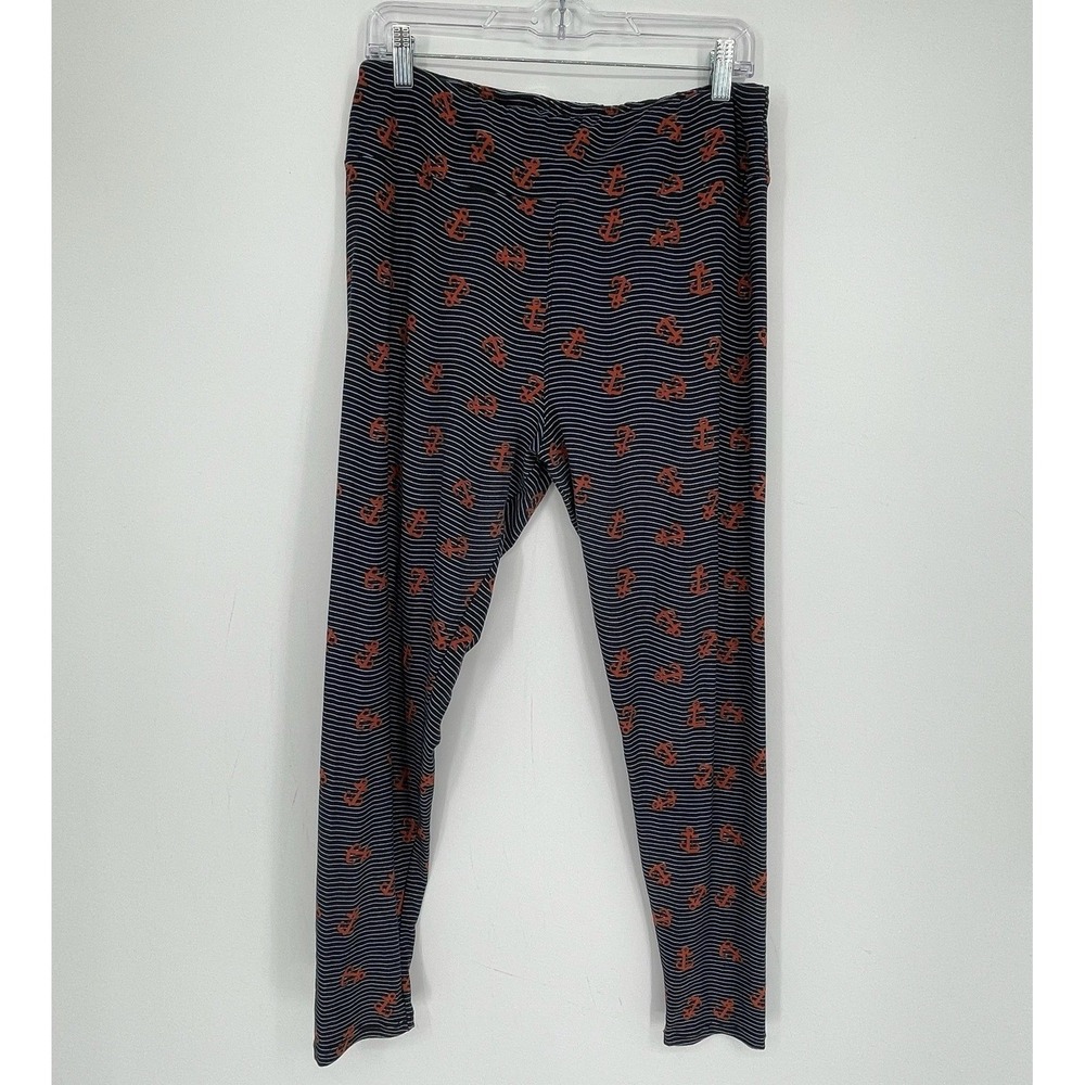 LuLaRoe Women's Blue Anchor Print Striped Stretch Leggings Size XXL Tall & Curvy